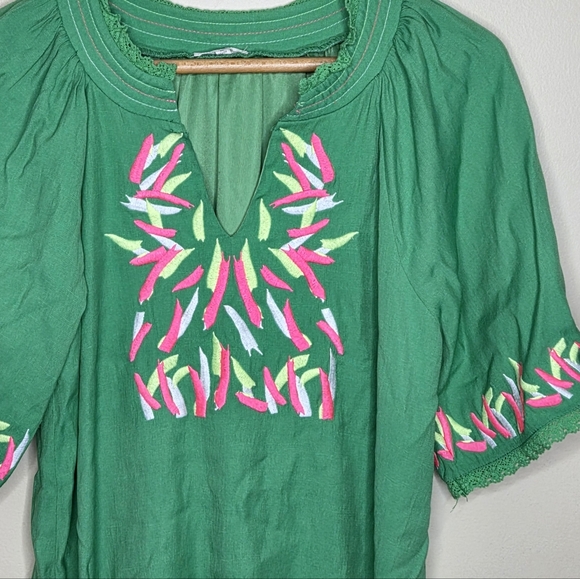 Jodifl | Kelly Green Colorful Embroidered Shift Dress Size Medium Spring Summer - Picture 3 of 5